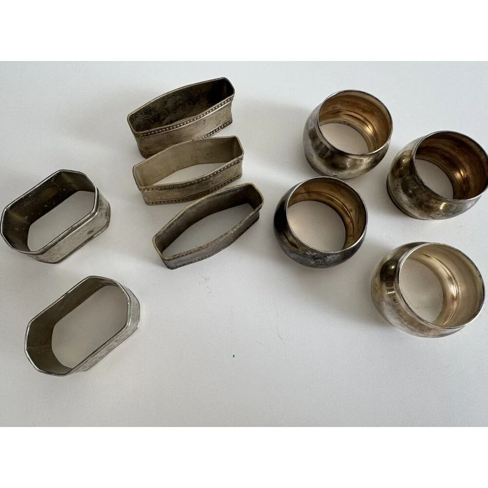 9 Vintage Polished Silver Stainless Steel Plate Napkin Rings Holders